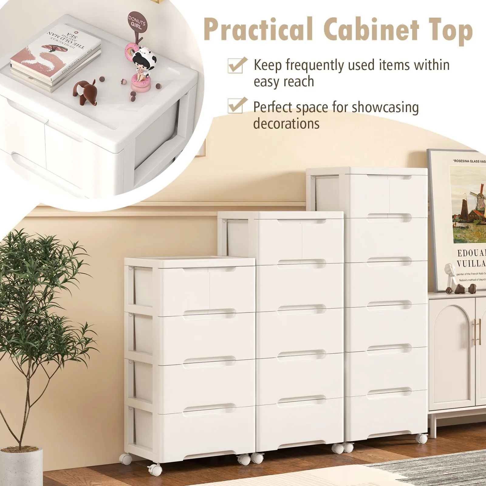 Costway 5-Drawer Rolling Cabinet Plastic Storage Cart 4-tier Drawer Dresser w/ Wheels in White 6