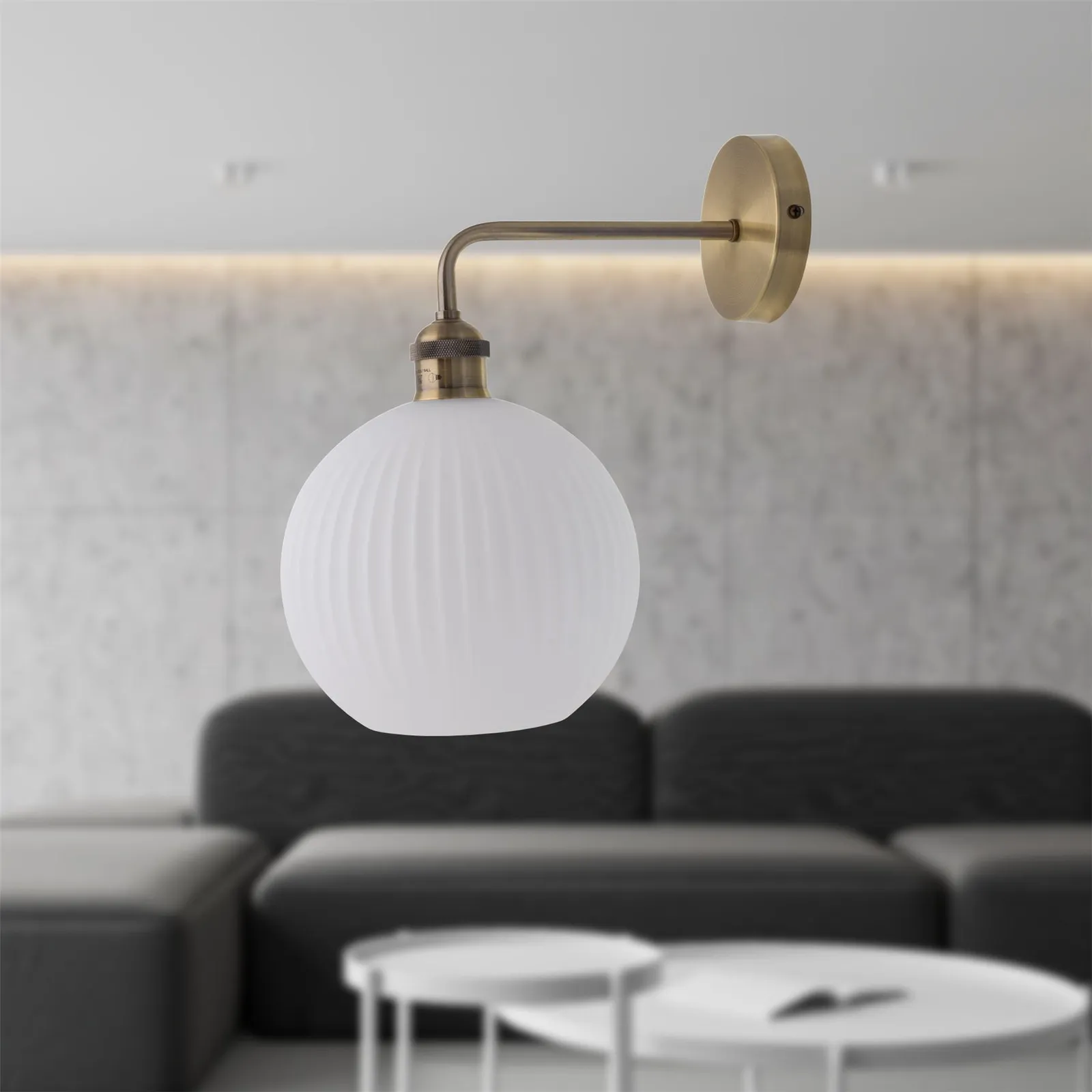 First Choice Lighting Isaac - Antique Brass Wall Light with White Ribbed Glass Shade in Gold 4