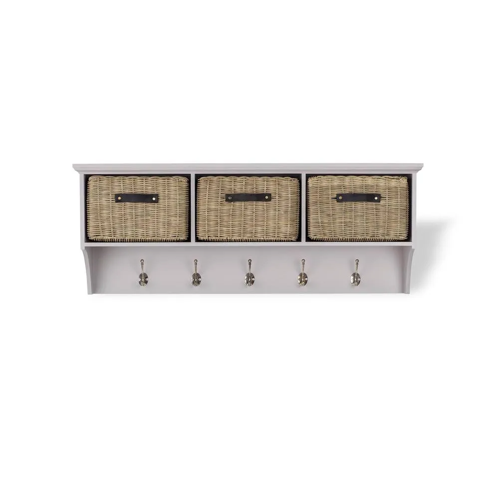 Statement Furniture Tetbury Large Coat Rack Hanging Shelf with 3 Brown Storage Baskets in Taupe 2