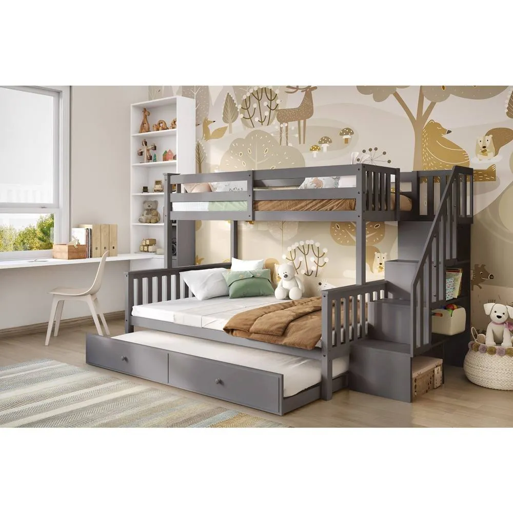 Flair Tag Triple Staircase Bunk Bed with Trundle in Grey