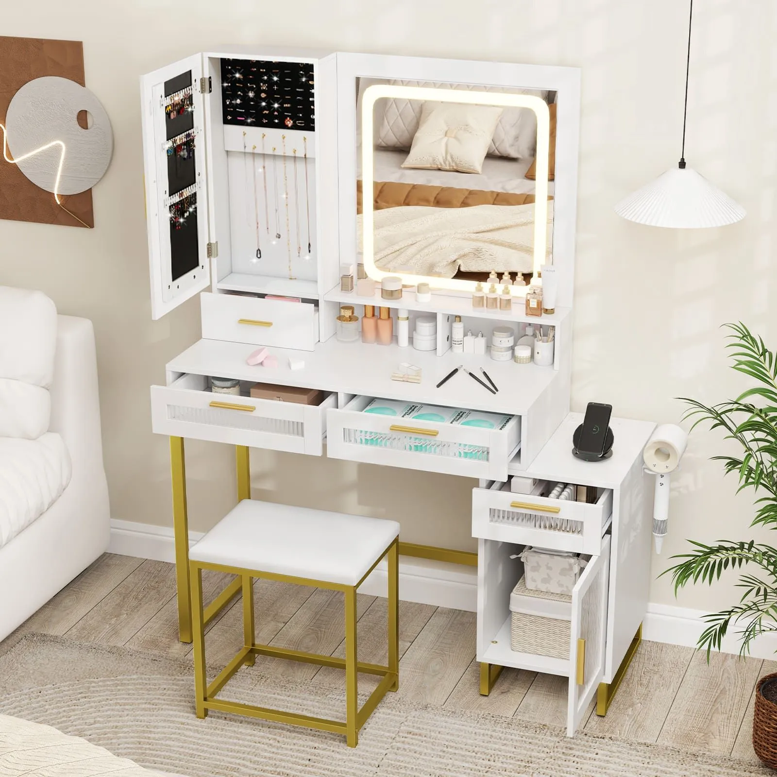 Costway Modern Vanity Set Dressing Table & Chair Set w/ Adjustable Brightness in White 2