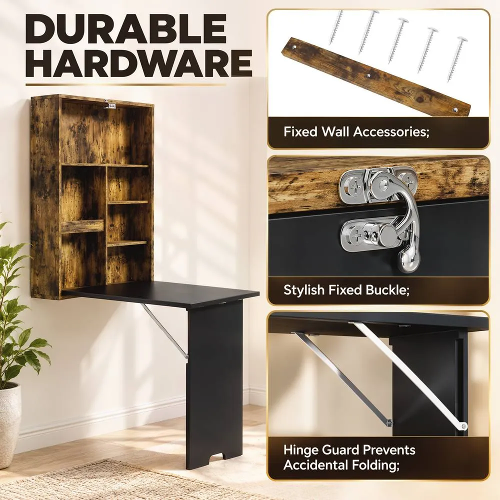 HOMCOM Folding Wall-Mounted Drop-Leaf Table Chalkboard Shelf Rustic Brown 4