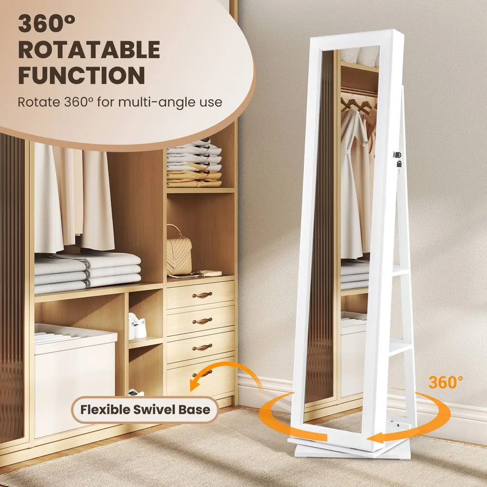 Costway 360° Swivel Jewelry Armoire Standing Organizer Mirror in White 4