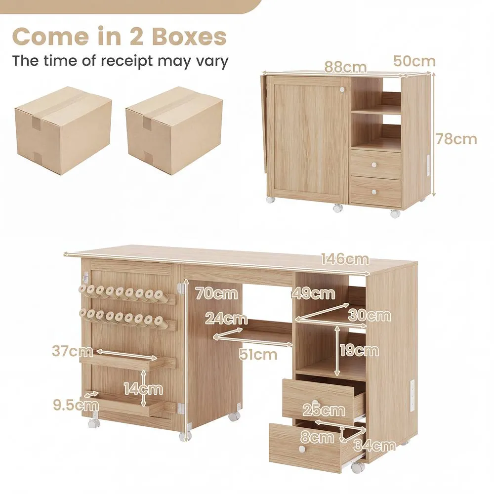 Costway Folding Sewing Table Sewing Machine Cart Table w/Charging Station in Natural 2
