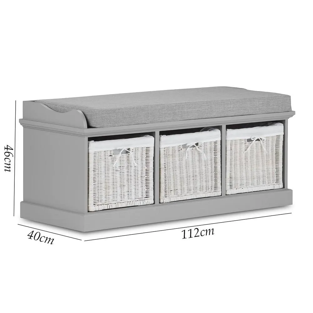 Statement Furniture Tetbury Bench with 3 White Wicker Baskets & Grey Cushion in Light Grey 2