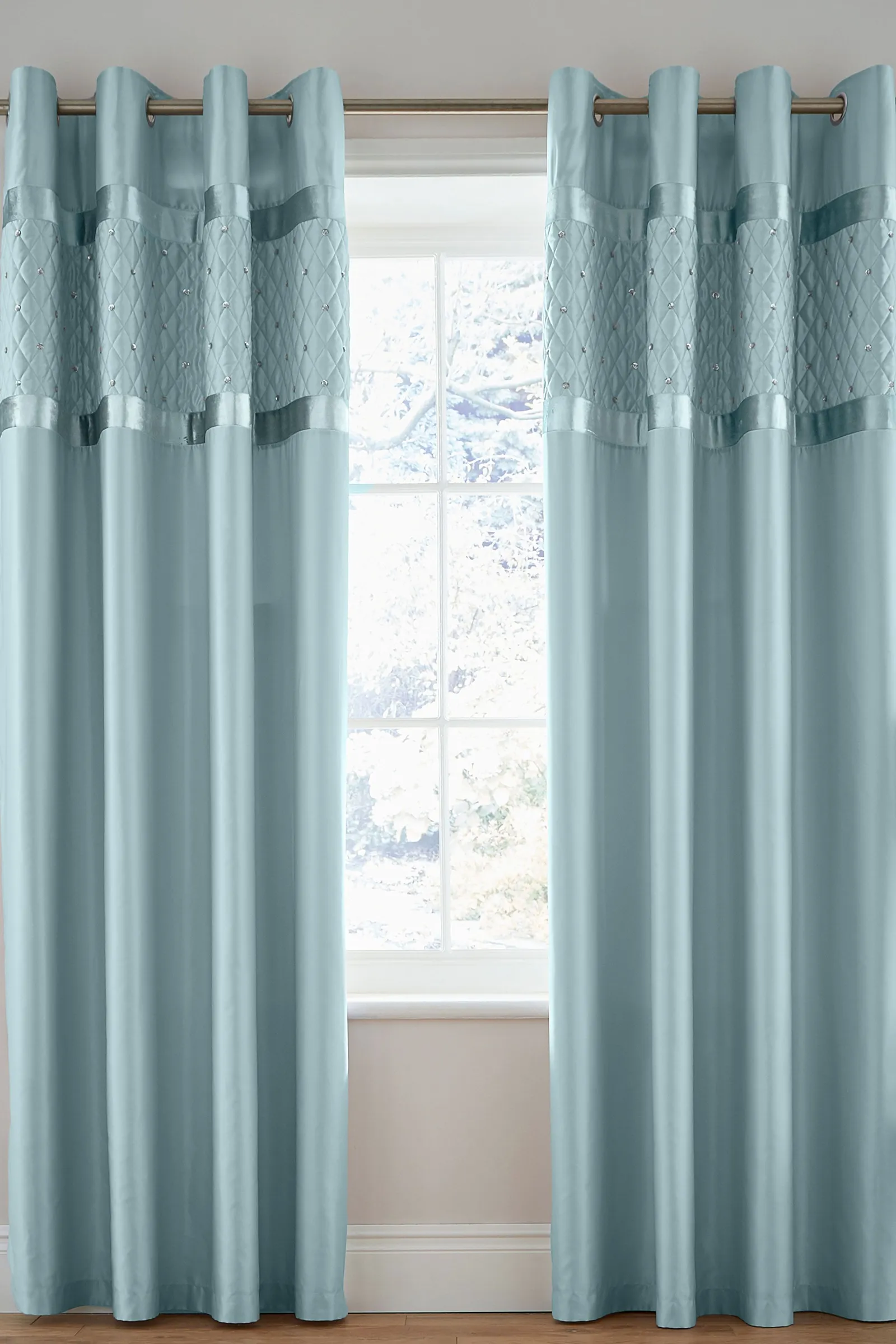 Catherine Lansfield 'Sequin Cluster' Lined Eyelet Curtains in Blue 1