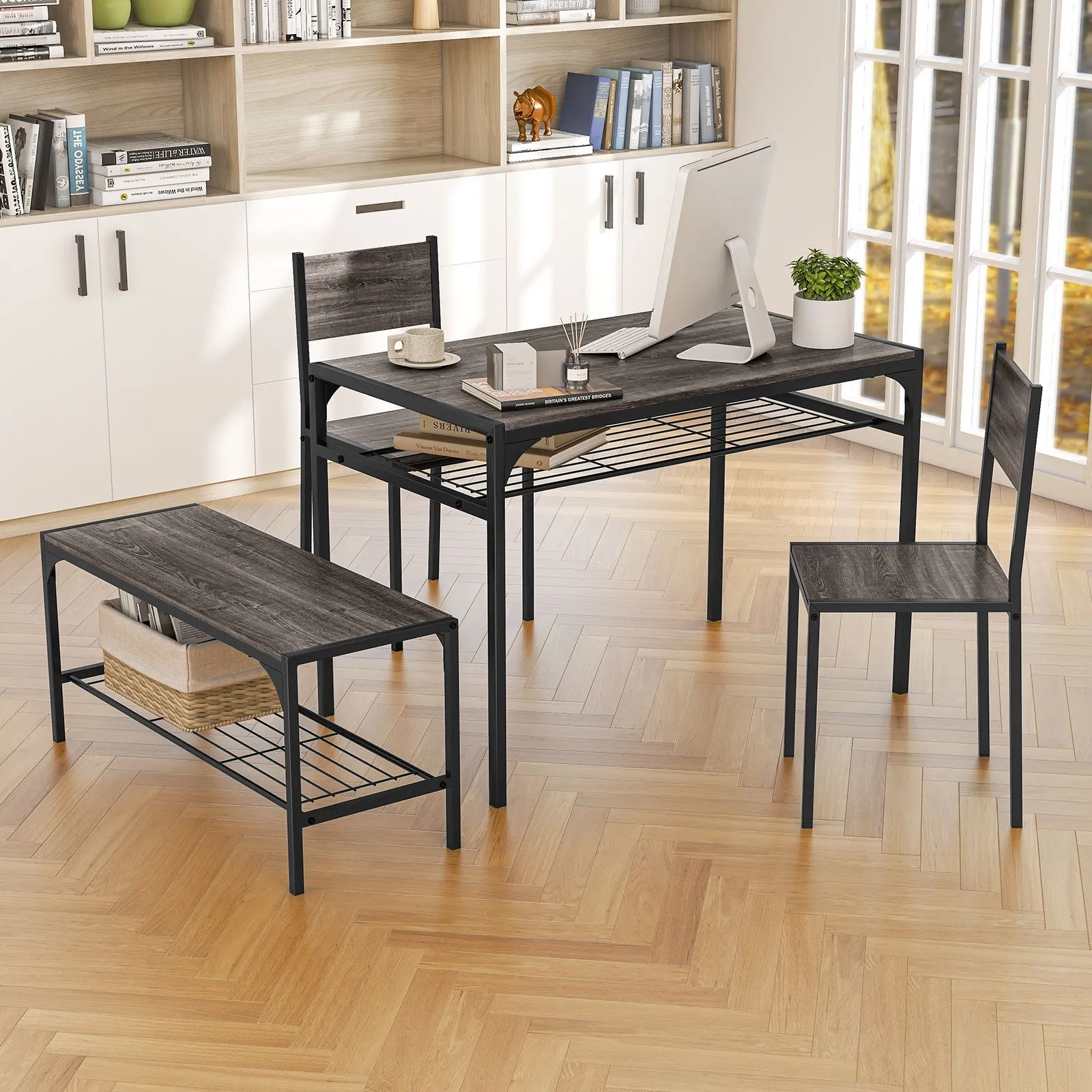 Costway 4PCS Dining Table Set for 4 Industrial Rectangular Kitchen Table with Chairs & Bench Metal Frame in Grey 3