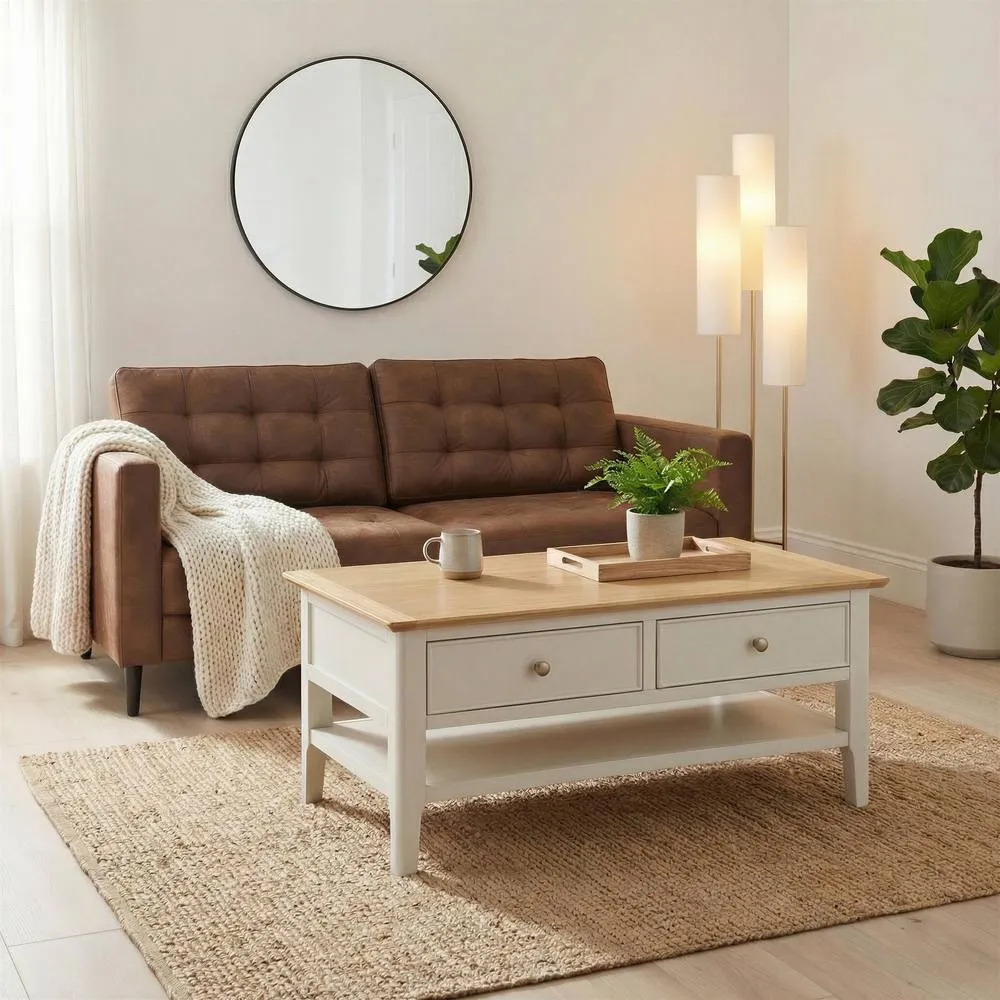 FurnitureboxUK Belle Rectangular Oak Wood & Cream Coffee Table