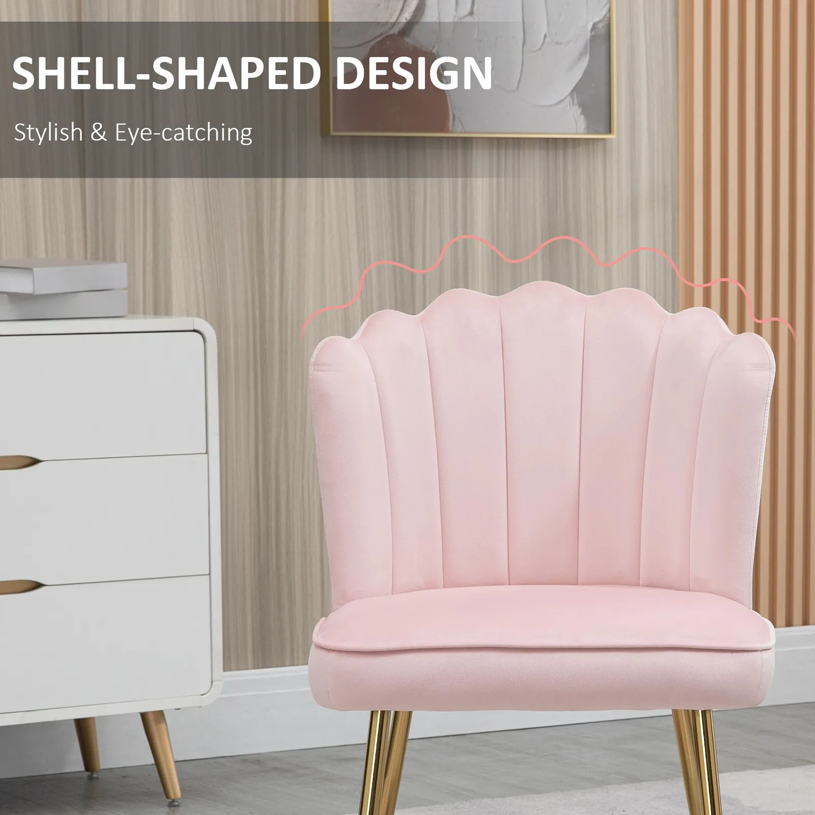 HOMCOM Velvet-Feel Shell Luxe Accent Chair Home Bedroom Lounge Metal Legs in Pink 6