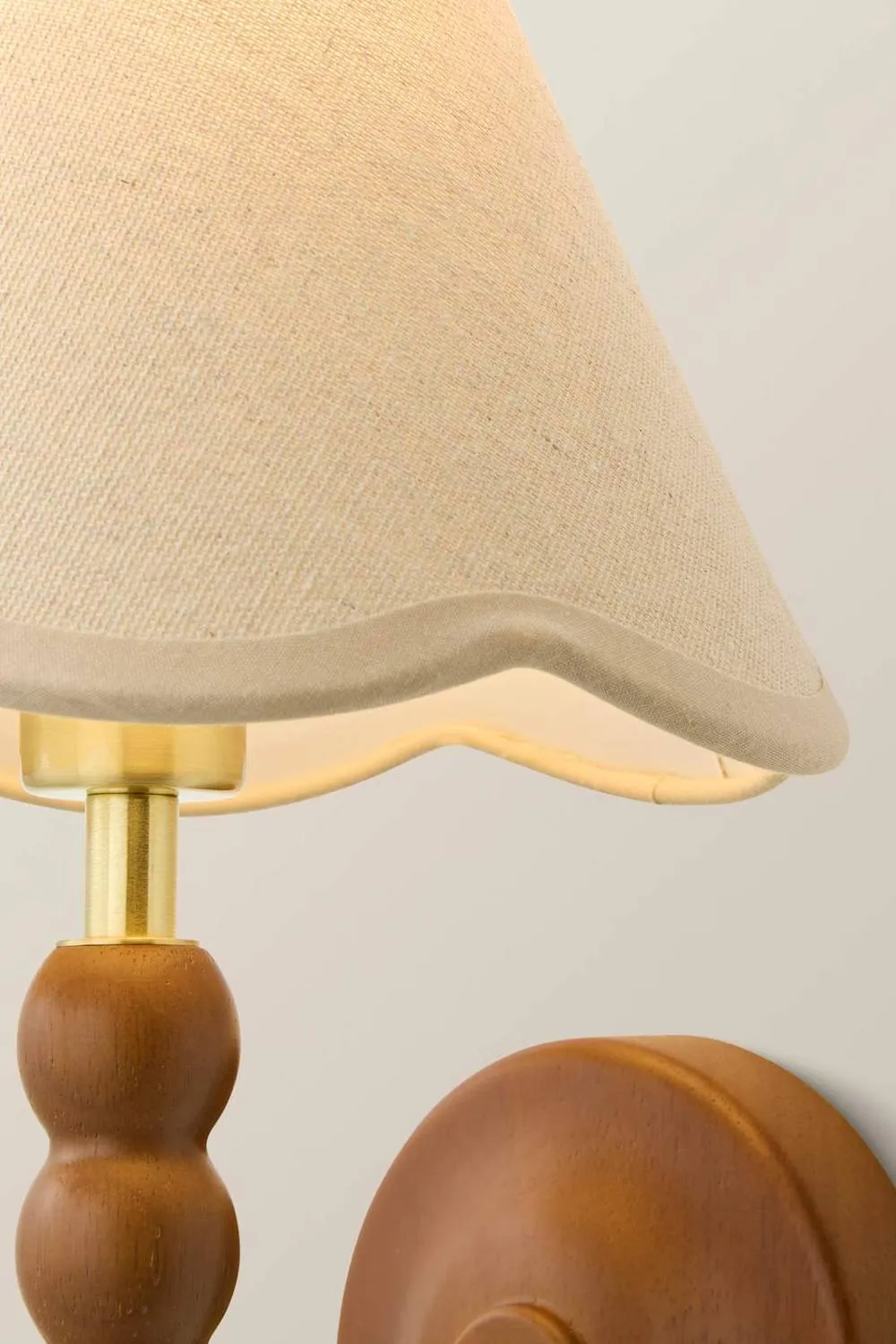 ValueLights Bobbins Walnut Bobble Wall Light & Linen Trim Lamp Shade in Natural 4