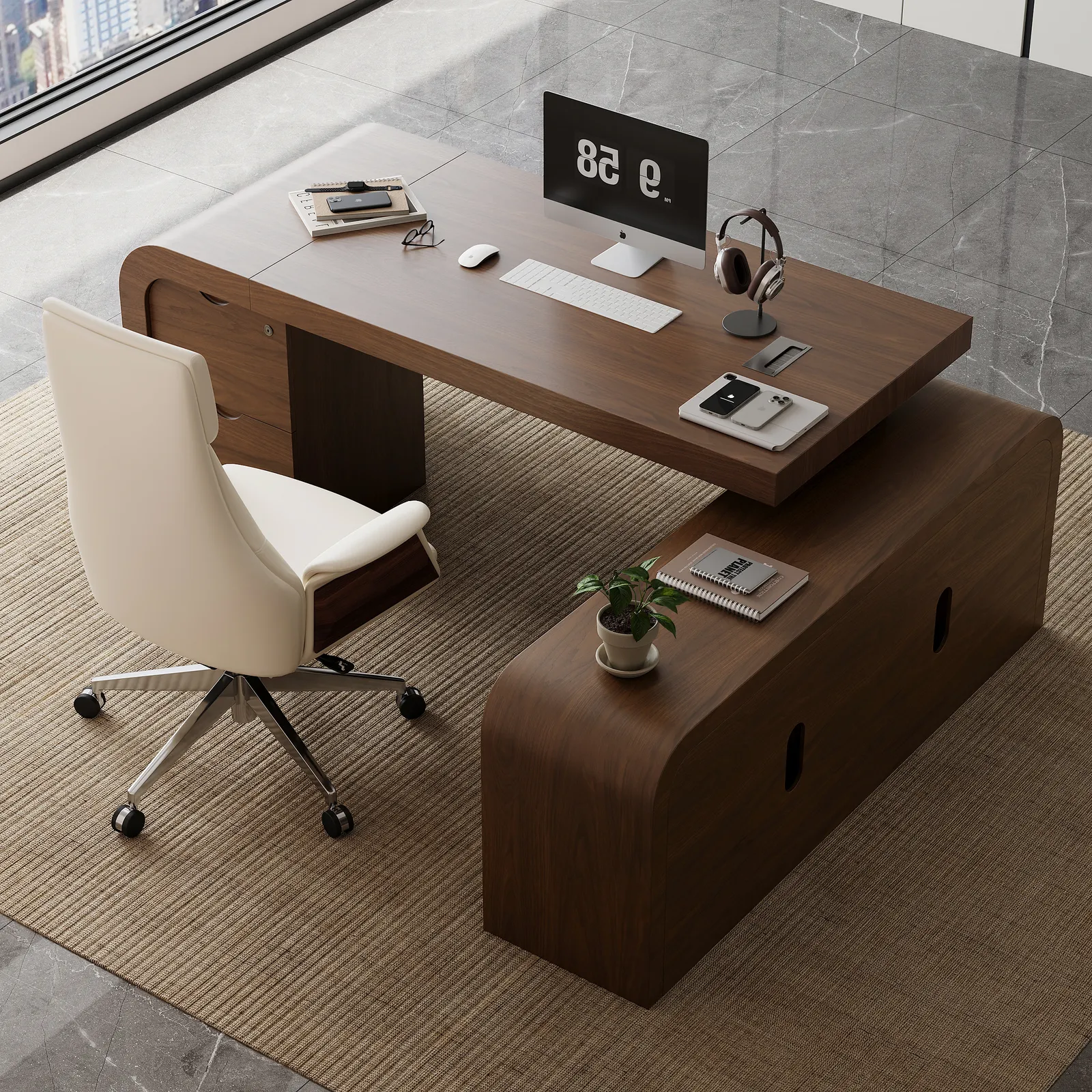 70.9" Walnut L-shaped Modern Executive Desk Right Hand & Reclining Leather Office Chair