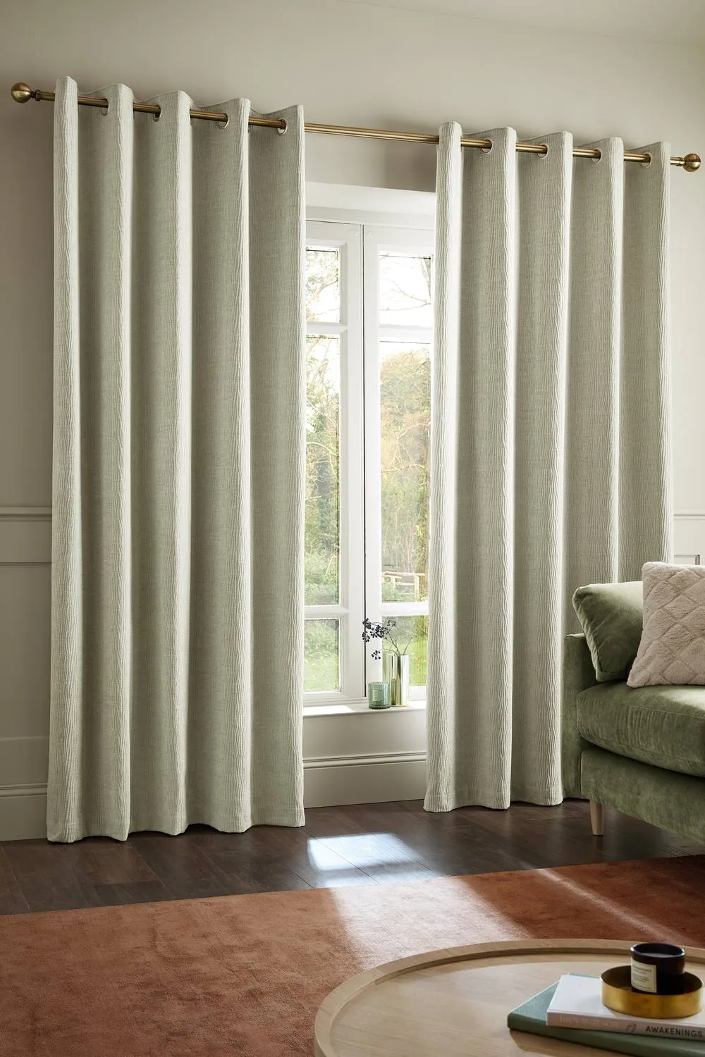 Catherine Lansfield 'Crinkle Chenille' Lined Eyelet Curtains in Natural 1