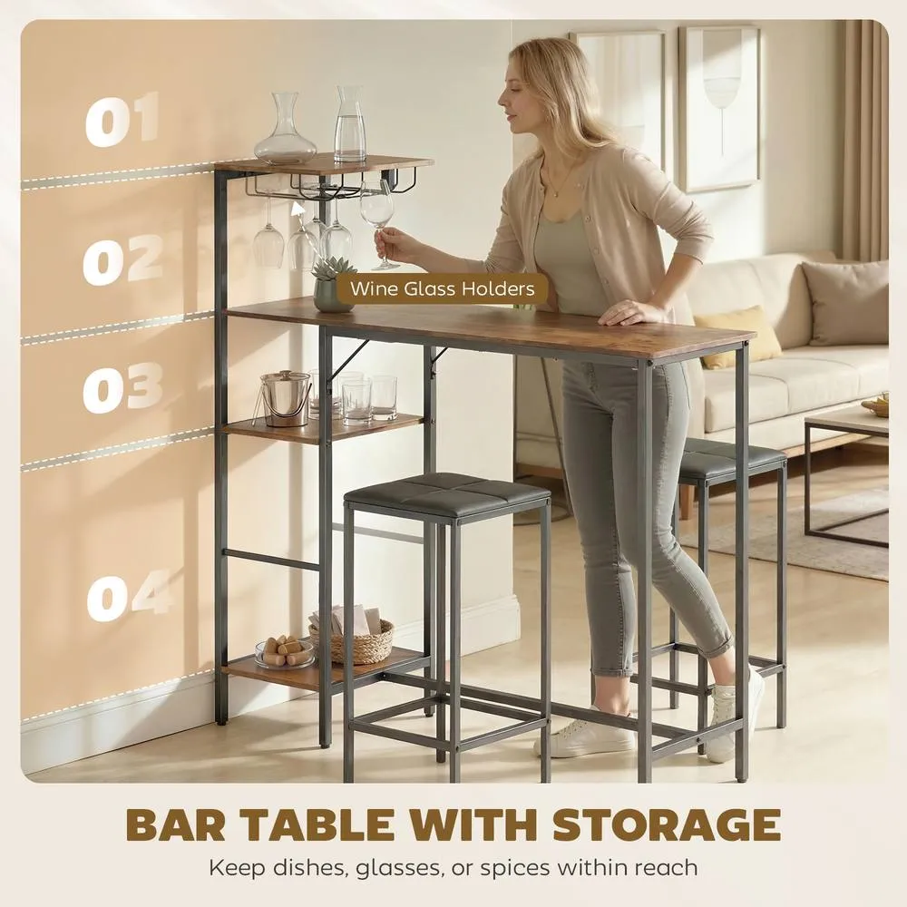 HOMCOM 3Pcs Breakfast Bar Table & Stools Set 4-tier shelving in Brown 6