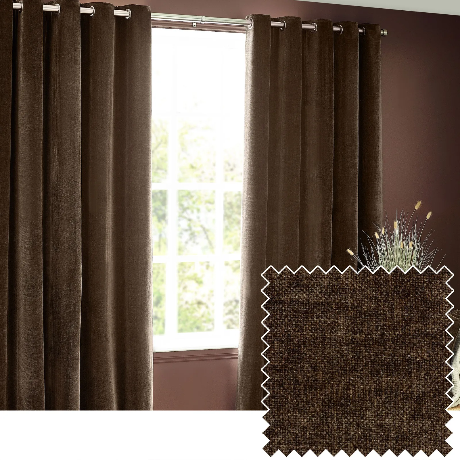 Yard Heavy Chenille Velvet Room Darkening Eyelet Curtain Pair in Brown 1