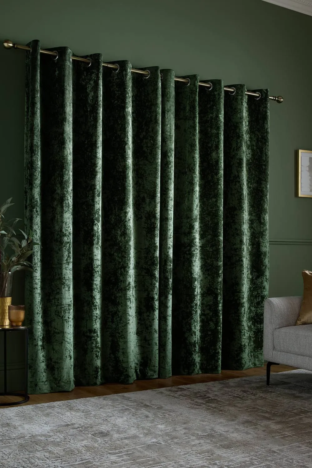 Catherine Lansfield 'Crushed Velvet' Lined Eyelet Curtains in Olive 2