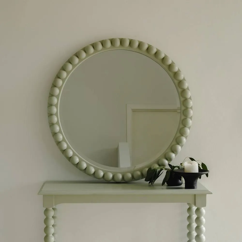 Statement Furniture Cromwell Round Wall Mirror with Bobbin Design Wooden Frame 77cm in Light Green 1