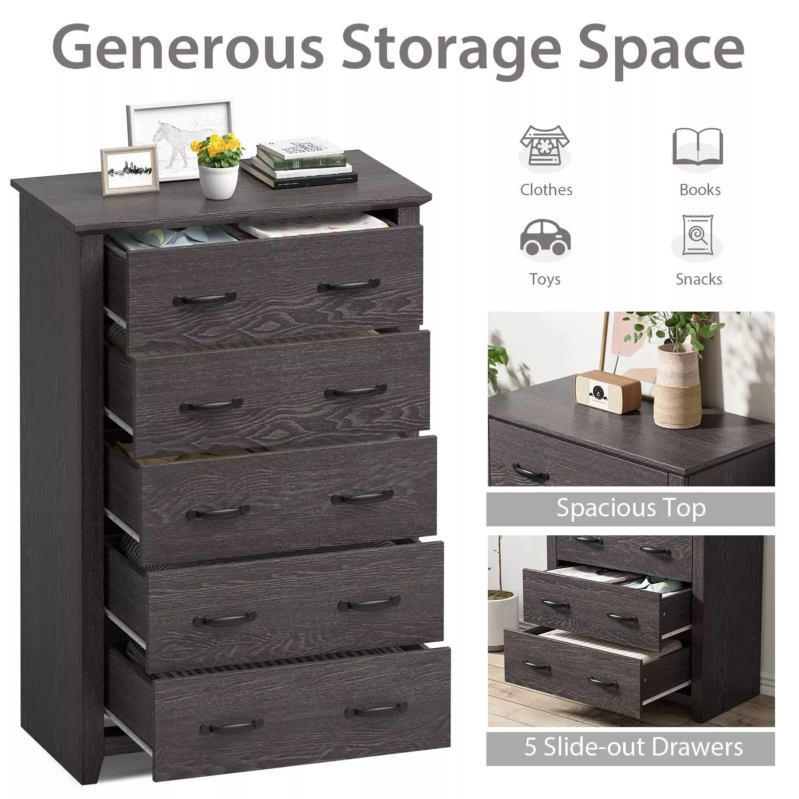Costway 5 Drawer Dresser Vertical Chest of Drawers Wooden Storage Dresser Organizer in Grey 5