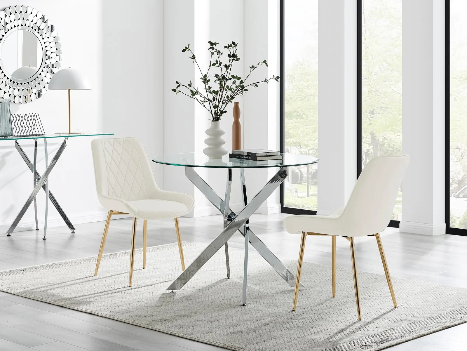 FurnitureboxUK Novara 100cm Round Dining Table & 2 Pesaro Gold Leg Chairs in Cream 1