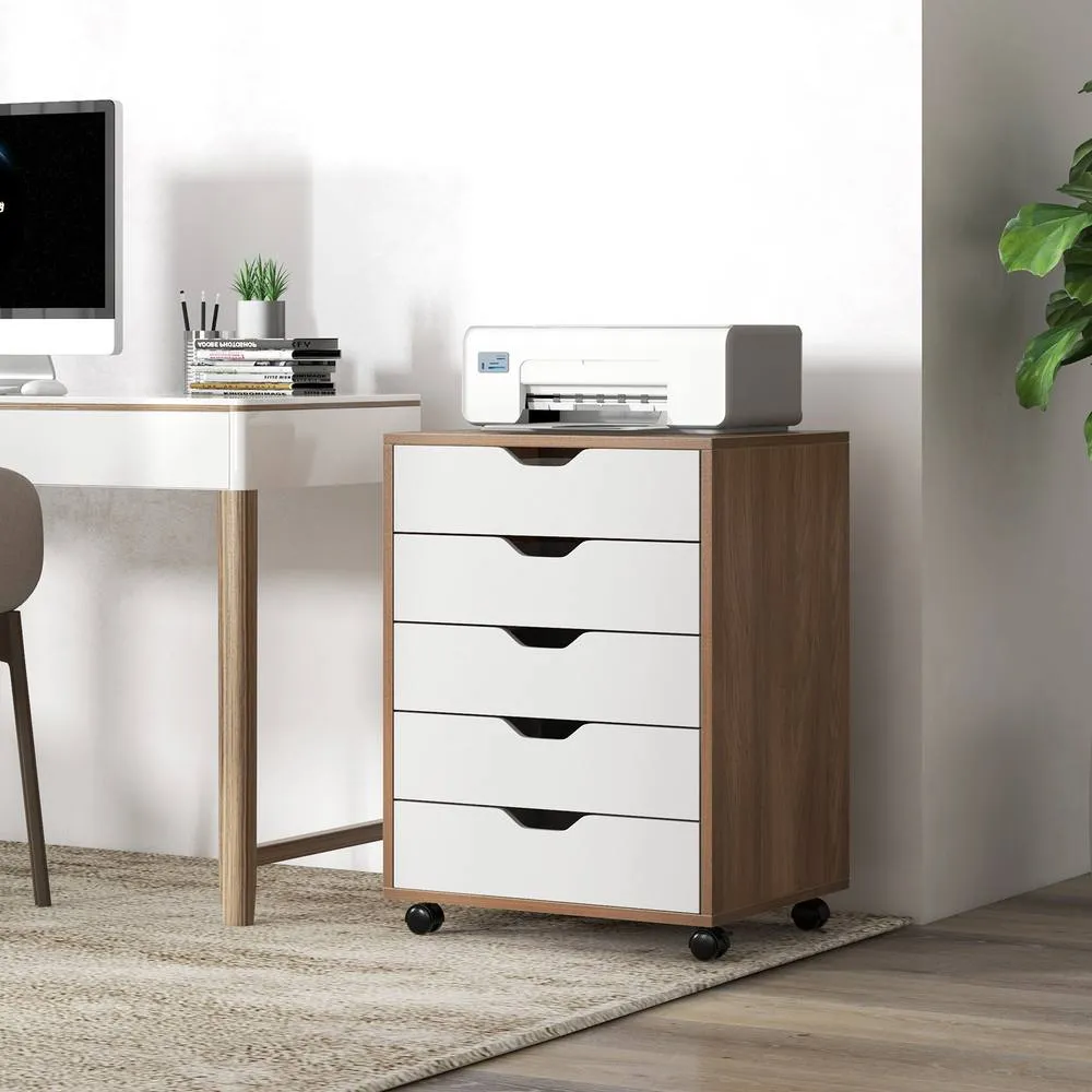 Costway 5 Drawer Rolling Storage Cabinet Mobile Chest of Drawers Wooden Dresser Organizer Coffee in Natural 6