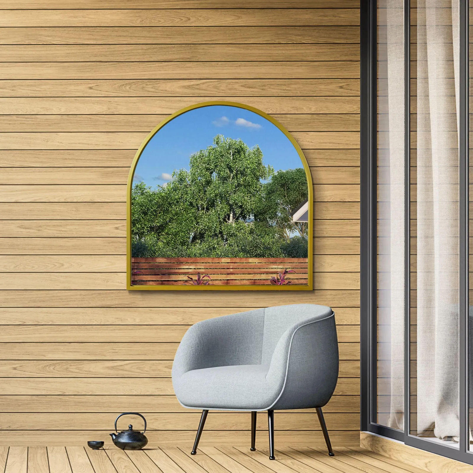MirrorOutlet Gold Metal Framed Arched Wall Garden Mirror 39" X 39" (100CM X 100CM) 2