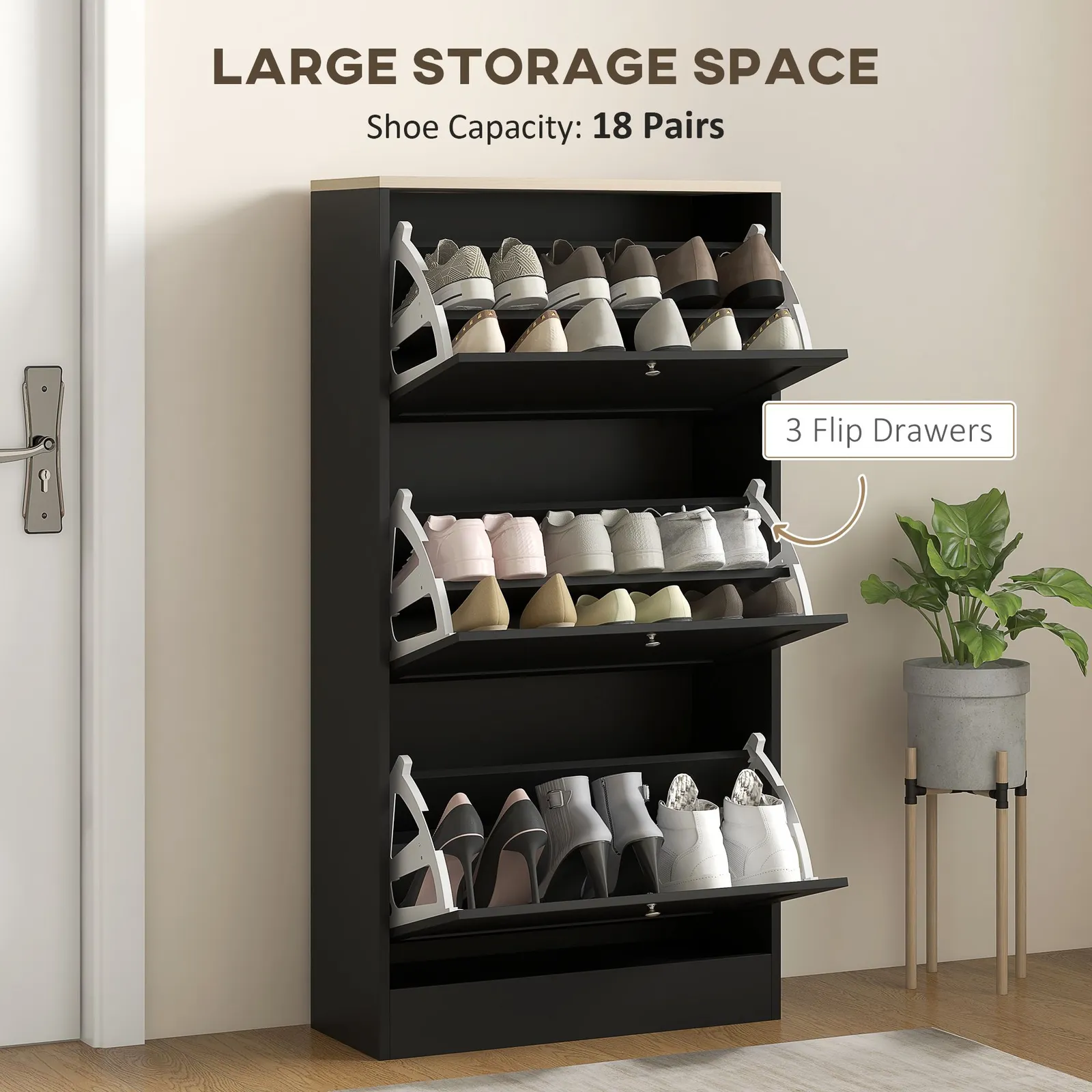 HOMCOM Narrow Shoe Cabinet w/ 3 Flip Drawers for 12-18 Pairs of Shoes Black 4