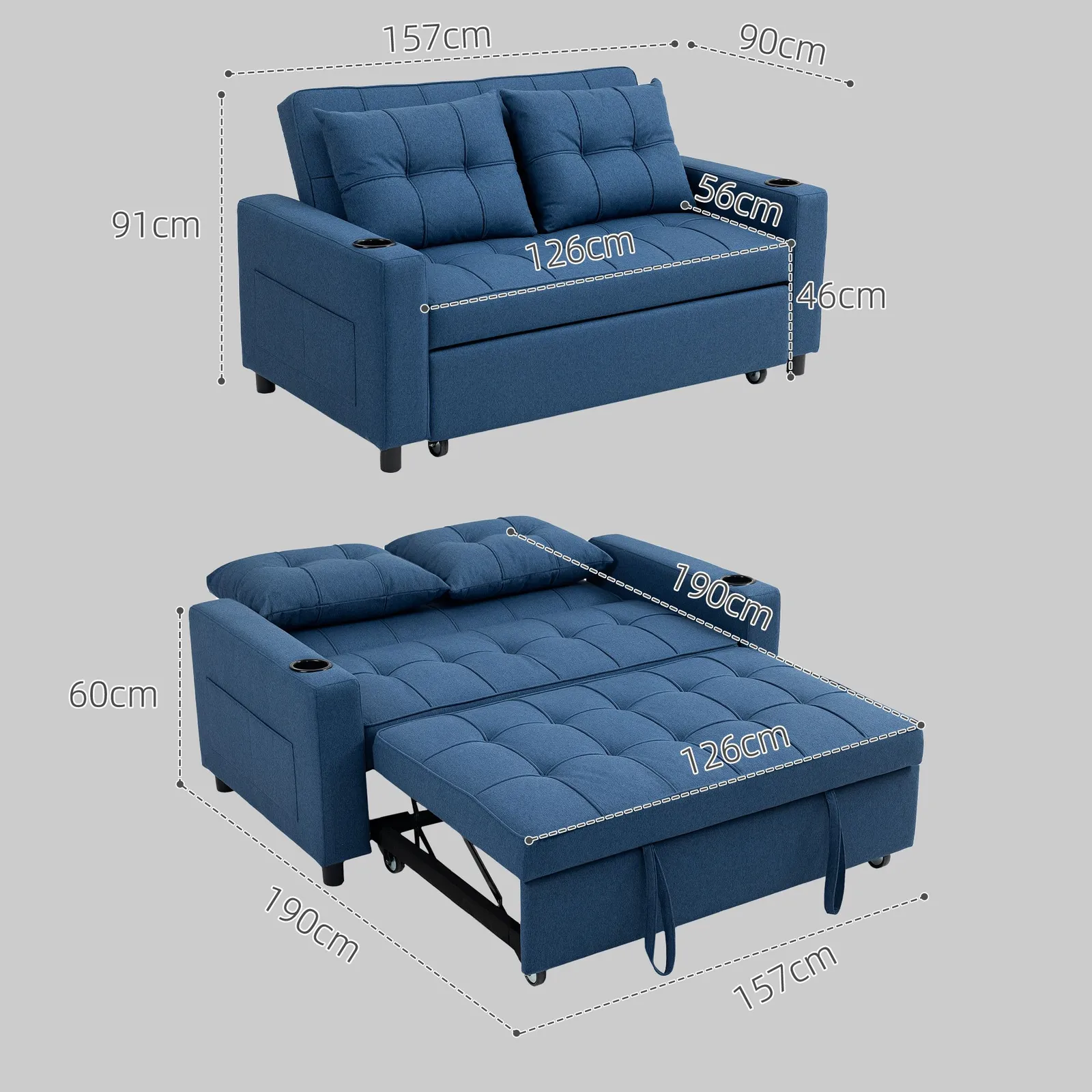 HOMCOM 2 Seater Pull Out Sofa Bed with Pockets for Living Room Dark Blue 3
