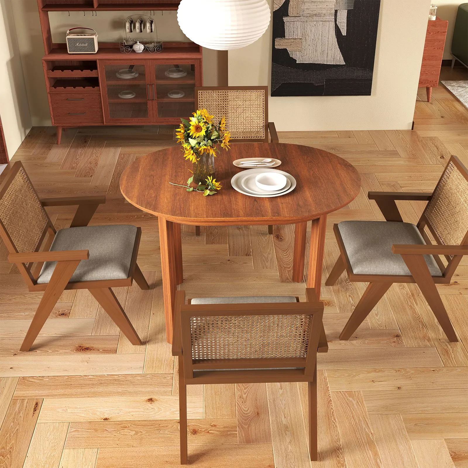Costway 110CM Wooden Dining Table for 4-6 People Oval Kitchen Table in Walnut 4