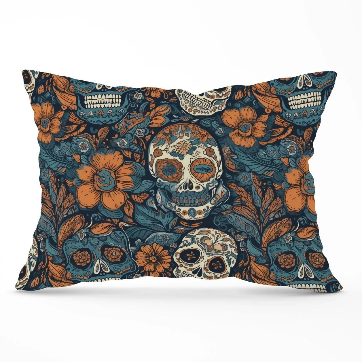 Warren Reed - Designer Dia De Los Muertos Skulls Pattern Cushions in Blue