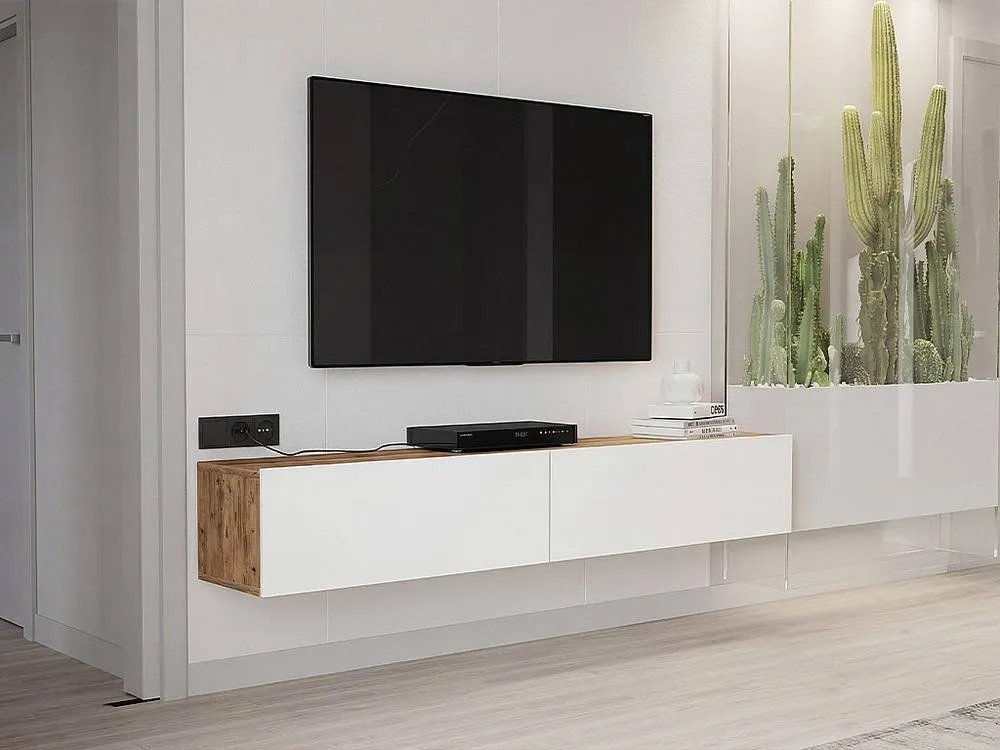 Vente-unique 2 - Door Wall - Mounted TV Unit - White & Natural - AUBEPINA in Light Oak
