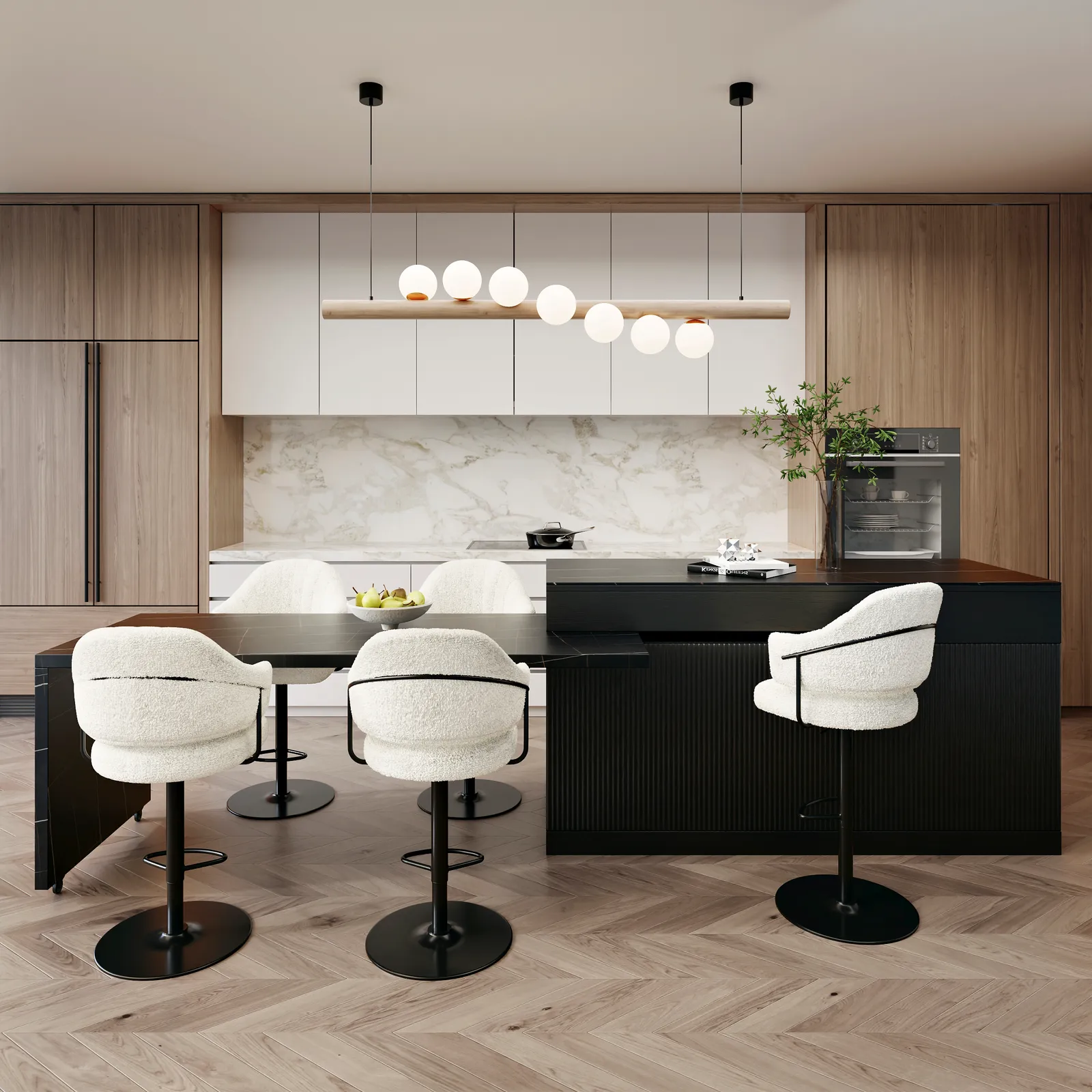 205 - 270 cm Extendable Black Kitchen lsland with Doors&Drawers Marble Pattern Top