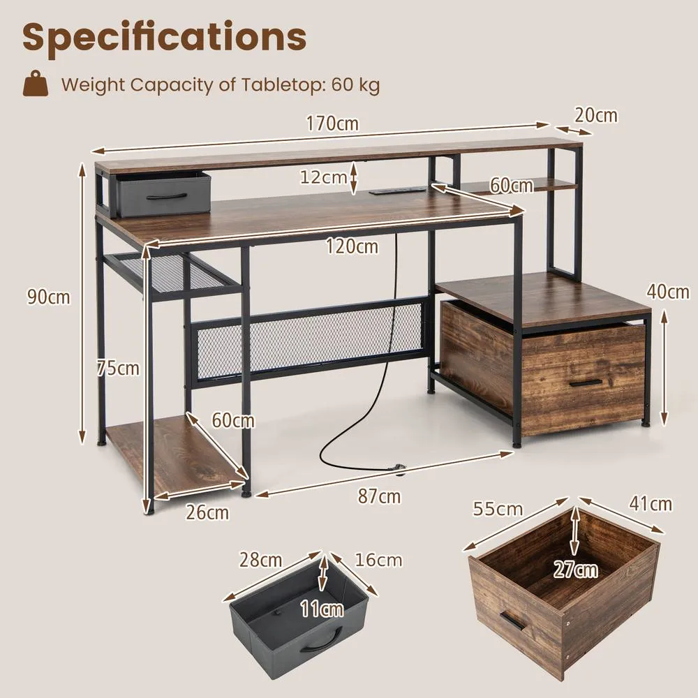 Costway 170CM Computer Desk Monitor Stand Writing Table W/ Power Outlets in Brown 6