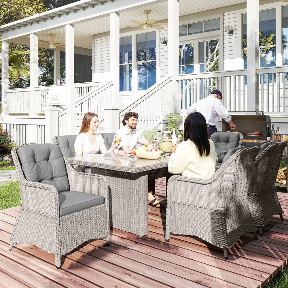 OUTSUNNY 7 PCS Patio PE Rattan Wicker Dining Table Set Furniture w/ Tempered Glass in Grey