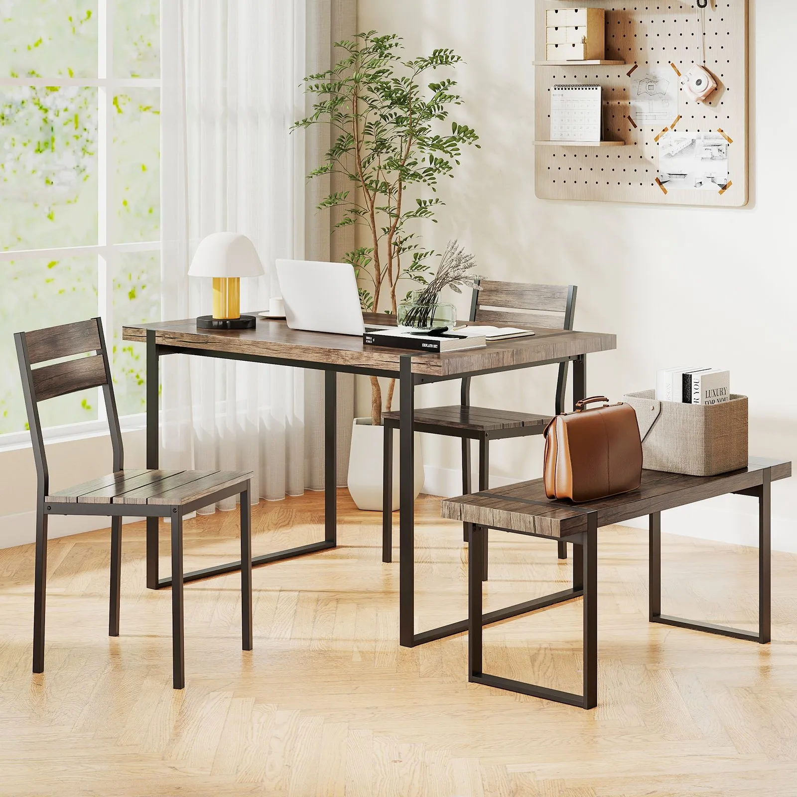 Costway 4PCS Dining Table Set for 4 Wooden Rectangular Kitchen Table in Grey 5