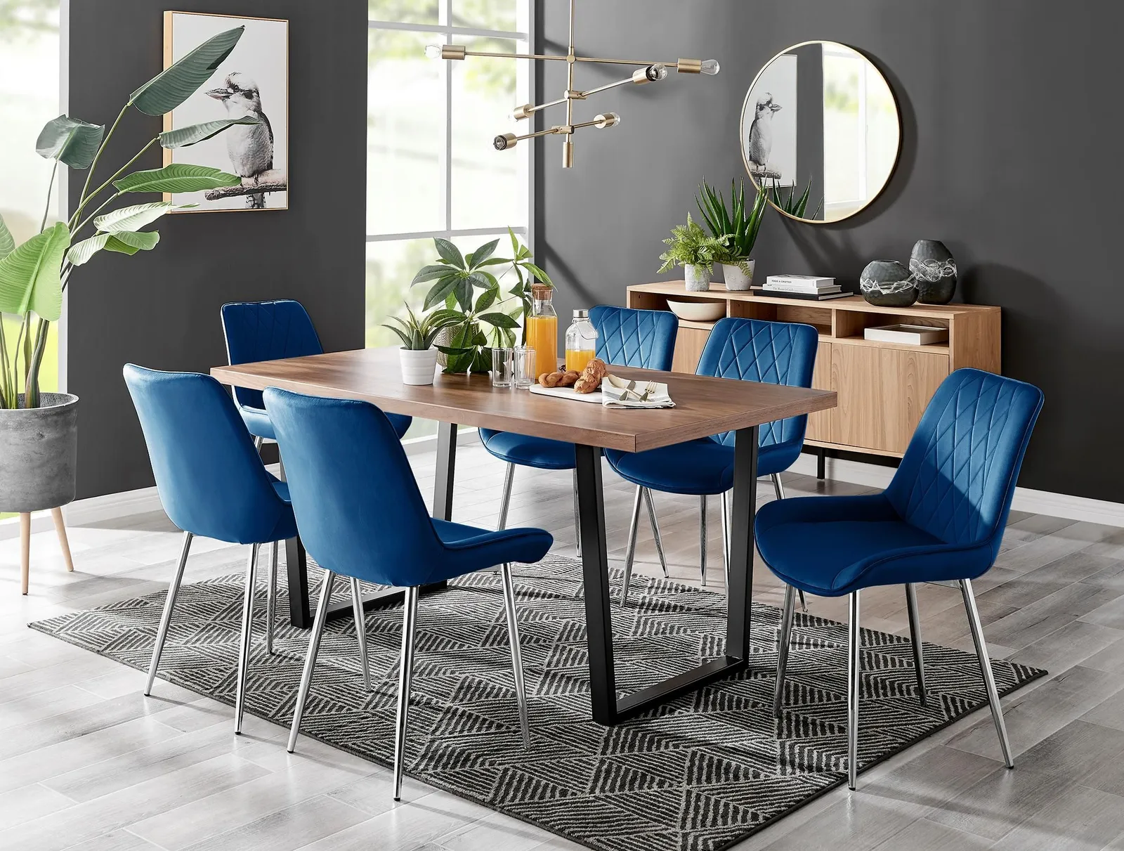 FurnitureboxUK Kylo Large Brown Wood Effect Dining Table & 6 Pesaro Velvet Silver Leg Chairs in Navy