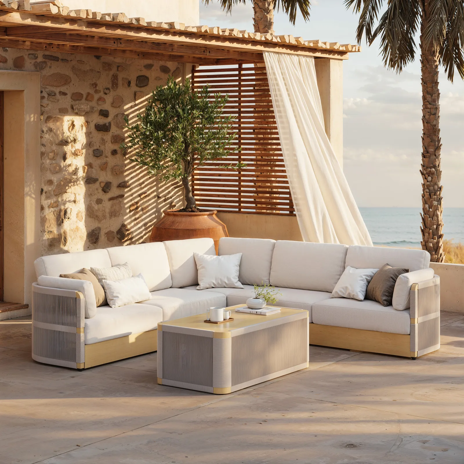 Costra Handwoven Rope L-Shaped Outdoor Sofa with Coffee Table in Ivory