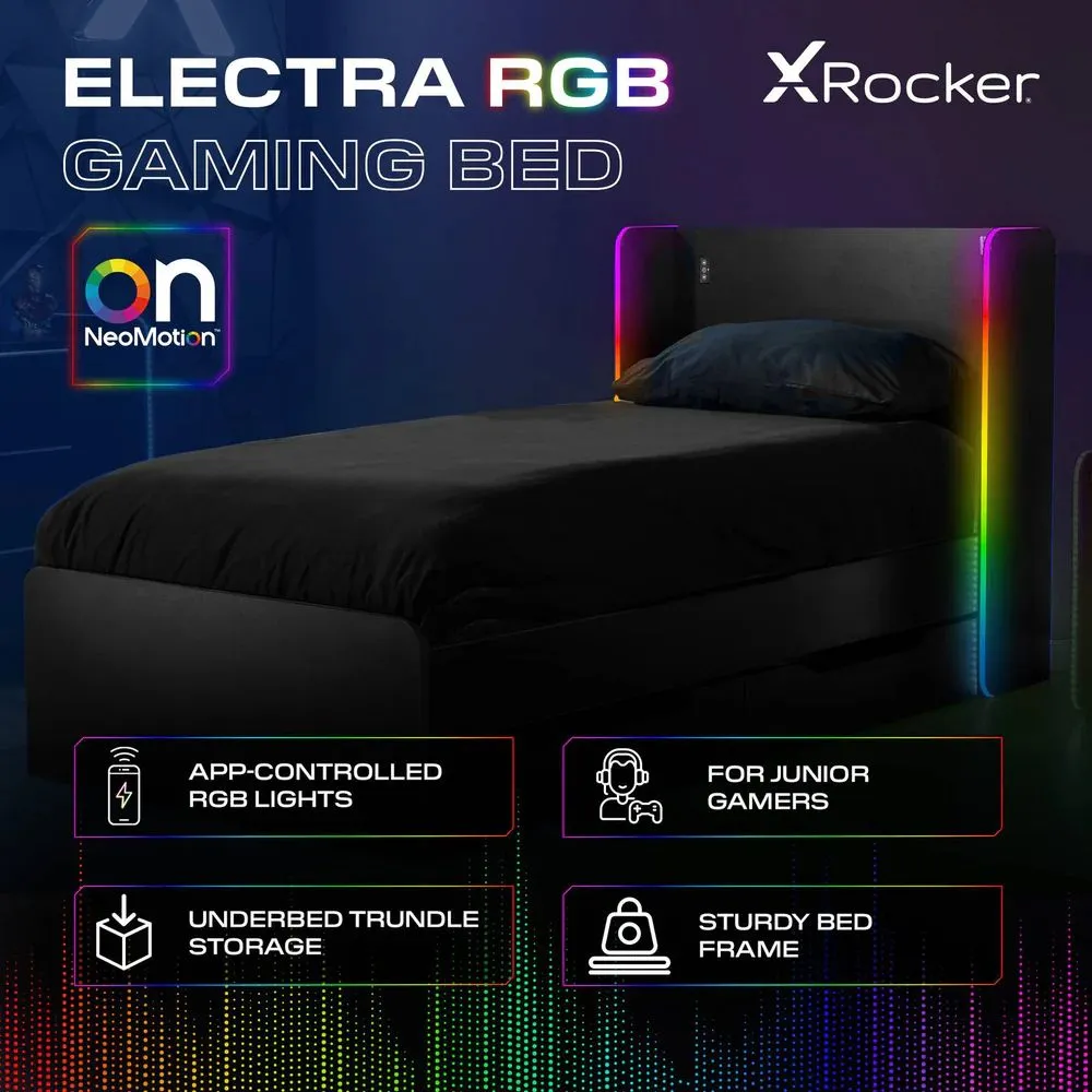 X Rocker Electra Single Bed with Trundle Drawers, Storage & LED Lights in Black 2