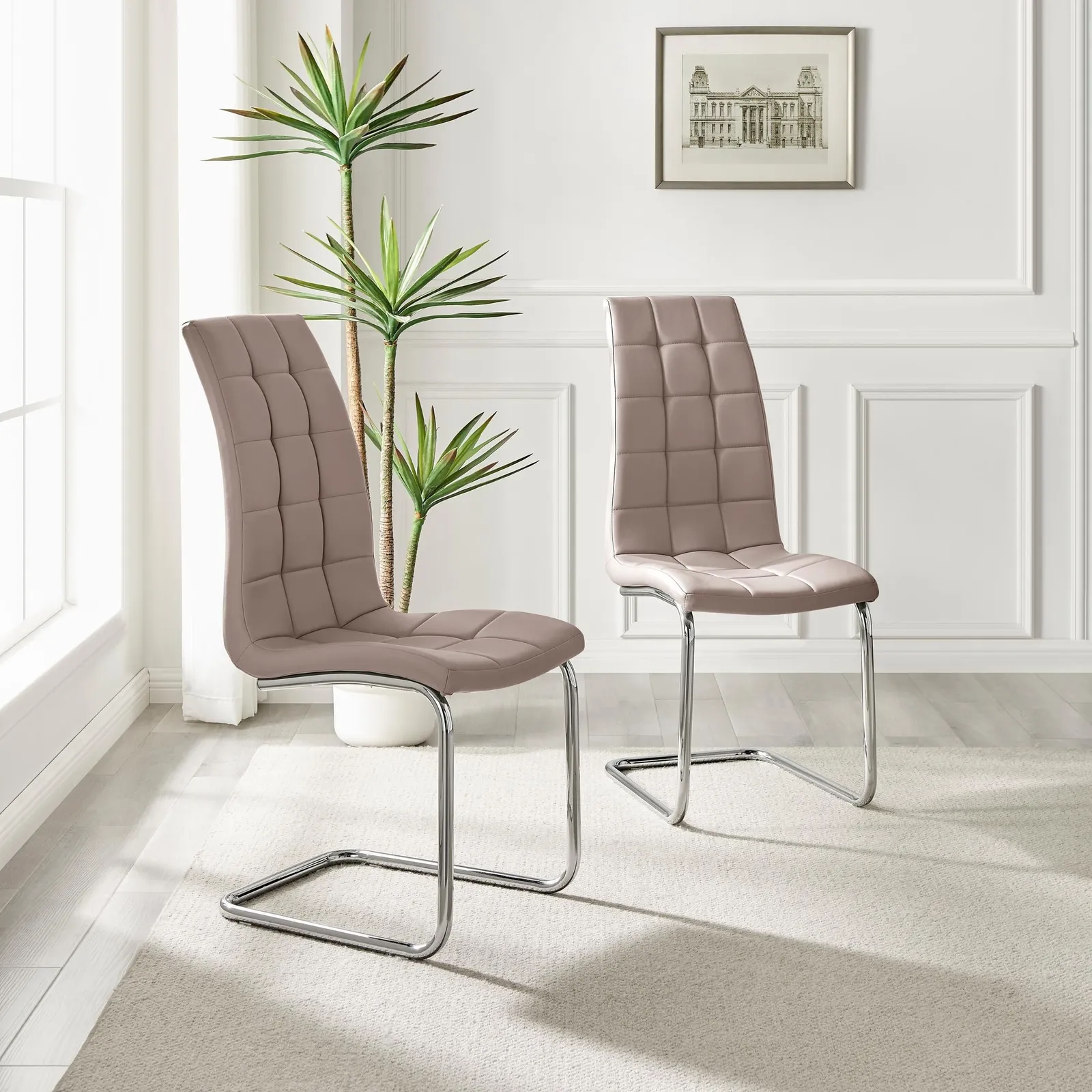 FurnitureboxUK Set of 2 Murano Deep Cushioned Soft Touch Faux Leather Dining Chairs With Silver Chrome Metal Legs in Beige 2