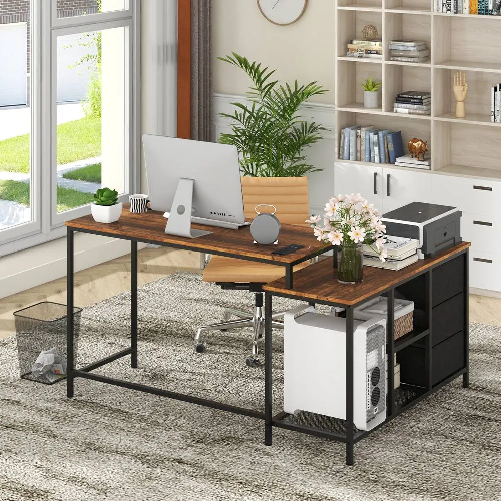 Costway L-Shaped Computer Desk Convertible Home Office Table with 3 Drawers in Brown