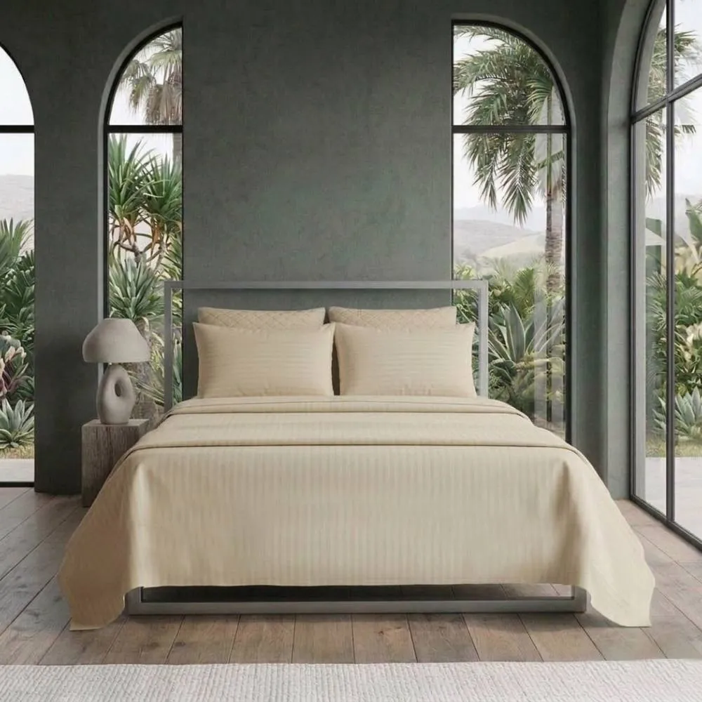 Snug City Luxury Satin Stripe T250 Cotton Rich Soft Flat Sheet Bed Linen in Beige