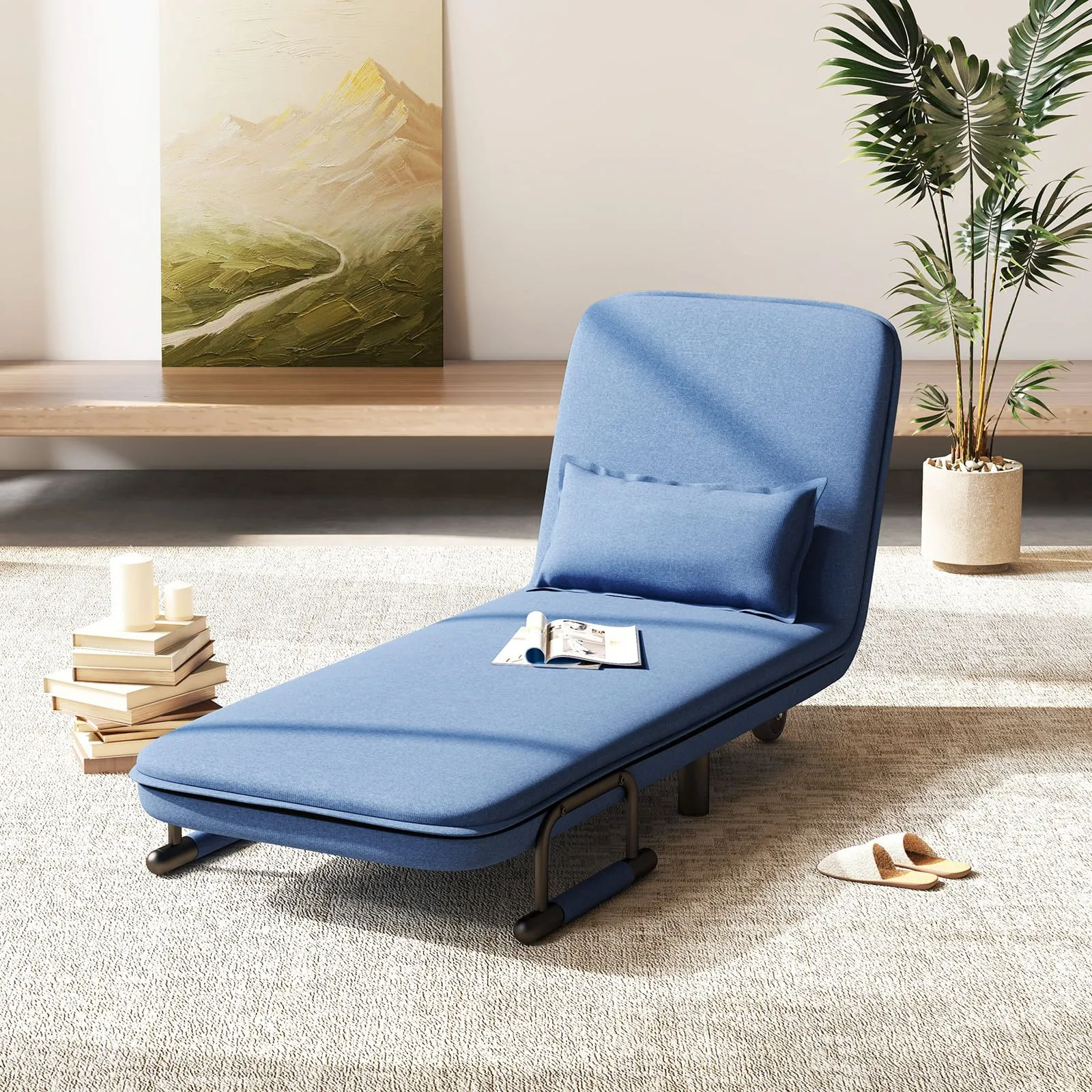 Costway Single Folding Sofa Bed Chair Modern Fabric Sleep Function Holder-Blue in Blue 3