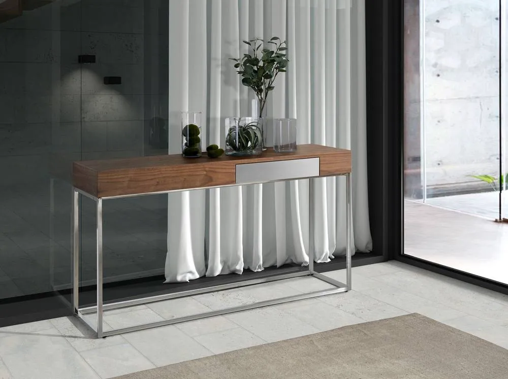 Angel Cerda Walnut-Veneer Console Table with Chrome Legs in Brown 3