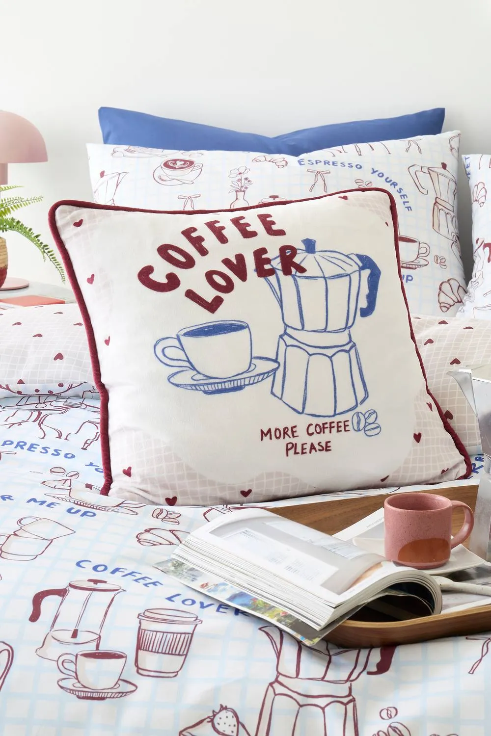 Fusion 'Coffee Club' Velvet Filled Cushion in Blue