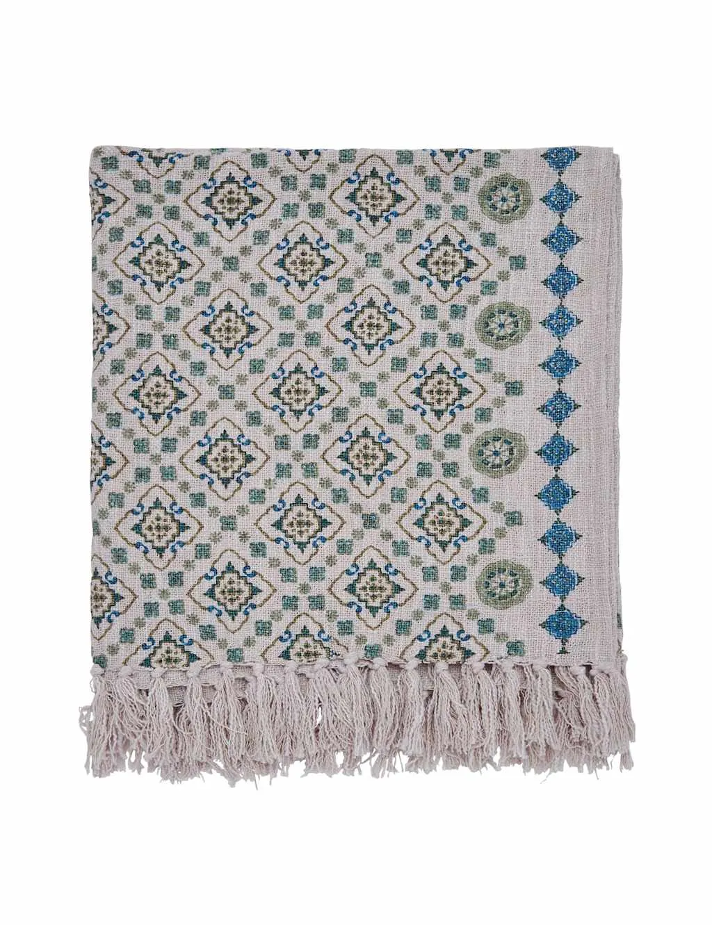 Joules Country Tiles Pure Cotton Geometric Throw Green Mix