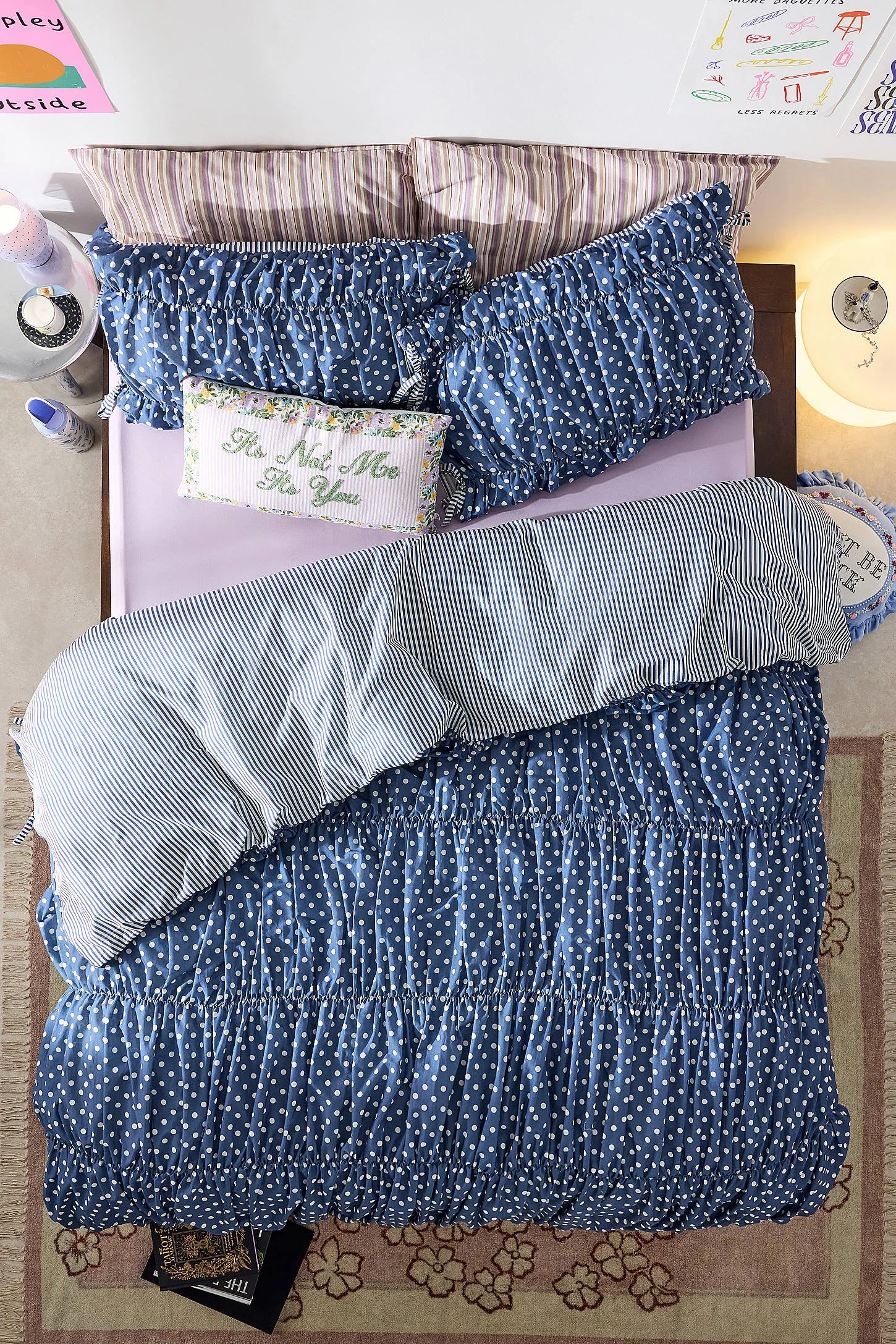 Polka Dot Cinched Duvet Set - Dark Blue