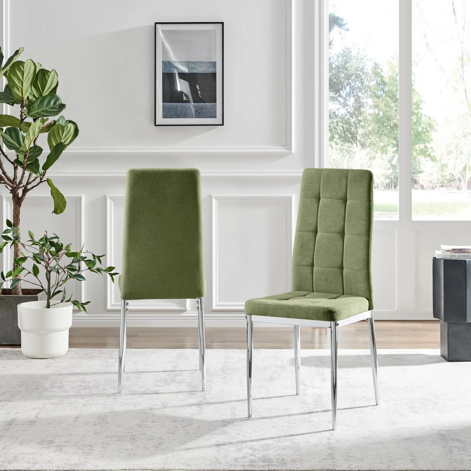 FurnitureboxUK Set 2 Paloma Modern Fabric Dining Chairs On Silver Legs in Green 2