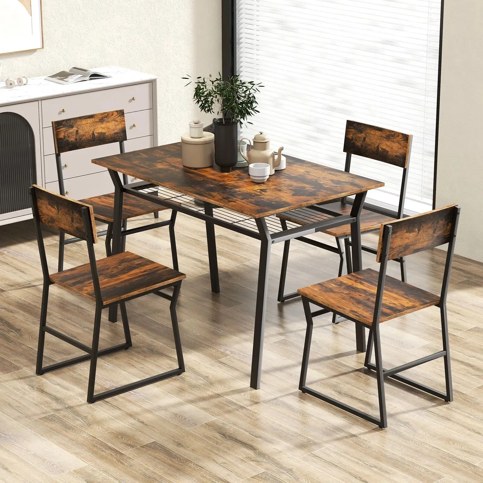 Costway 5PCS Dining Table Set Industrial Rectangular Kitchen Table W/4 Chairs in Brown 3