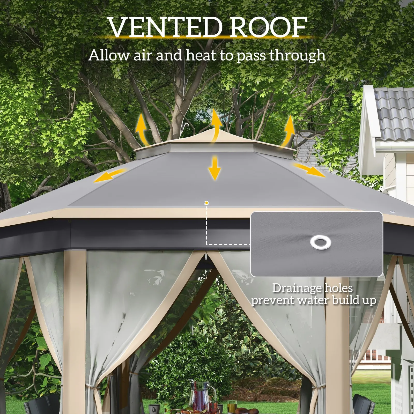 OUTSUNNY 3x4m Hexagon Gazebo w/ Metal Frame Mesh Curtains Outdoor Garden in Khaki 5