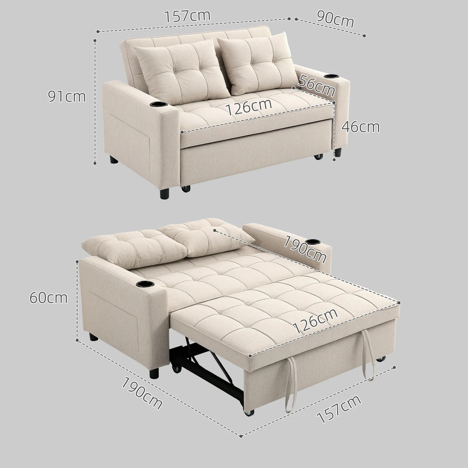 HOMCOM 2 Seater Pull Out Sofa Bed with Pockets for Living Room Beige 3