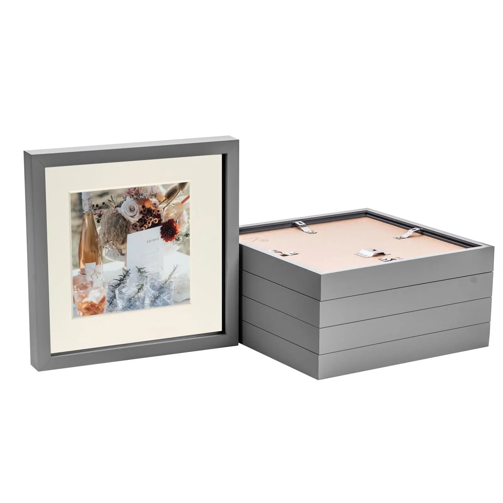 Nicola Spring 3D Box Photo Frames - 10 x 10" with 6 x 6" Mount - White Mount - Pack of 5 in Grey