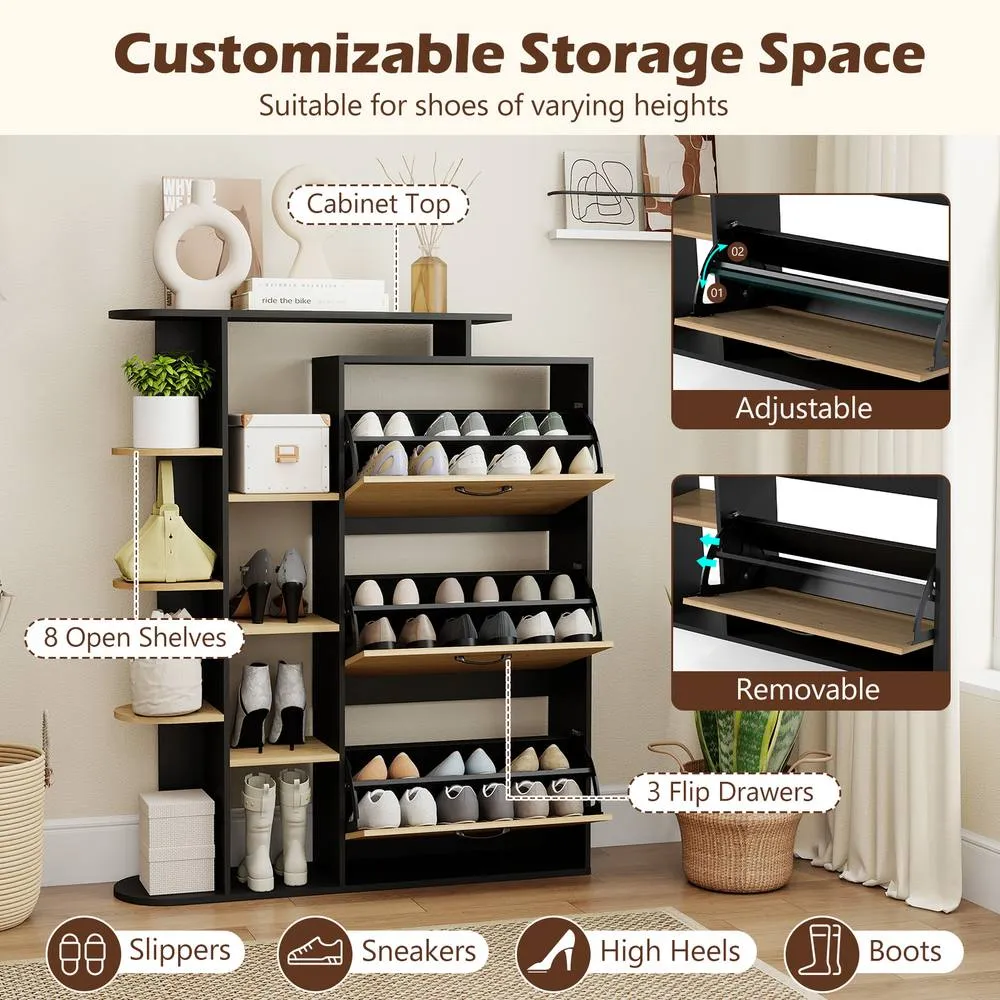 Costway Shoe Storage Cabinet Free Organizer w/ 3 Flip Drawers 8 Shelves in Black 4